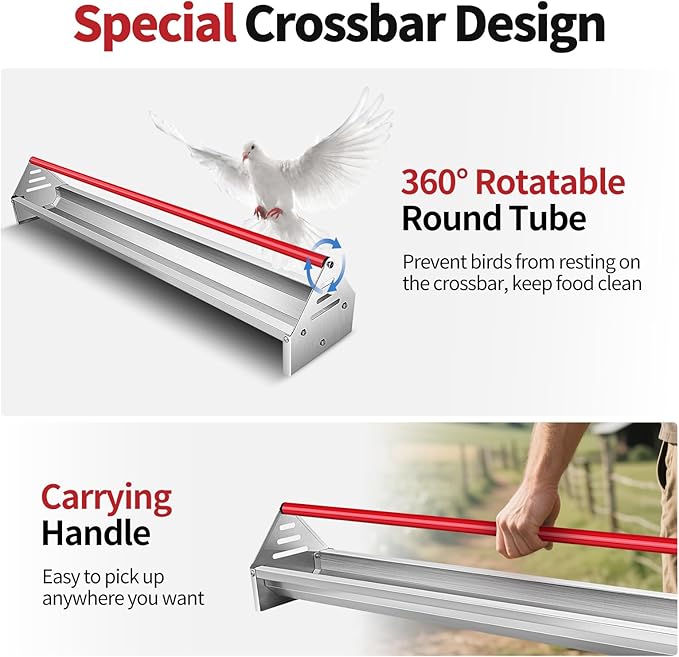 RYFT Chicken Feeding Trough 45", Heavy Duty Galvanized Steel Chicken Feeder with Red Crossbar, Holds 12 Chickens with Drainage Holes, Large Capacity Poultry Feeder Trough for Duck Geese Turkey Pigeon