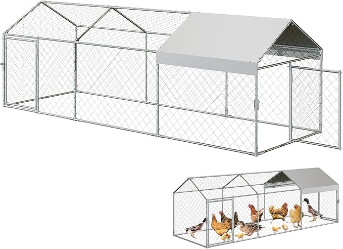 Large Metal Chicken Coop Run with Cover, 120"×40"×40" Portable Poultry Cage Walk in Hen House for Outdoor Chicken Rabbit Duck,Backyard Farm Animal Enclosure Crate Sliver