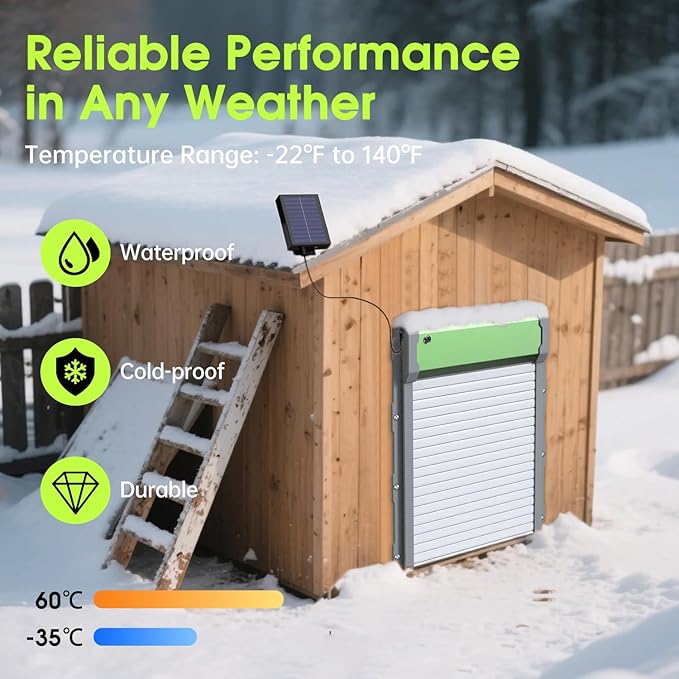 Automatic Chicken Coop Door Solar-Powered Chicken Coop Door with Remote Control - Smart Timer & Light Sensor, Anti-Pinch Safety Design, Large Weatherproof Entry for Poultry (Green)
