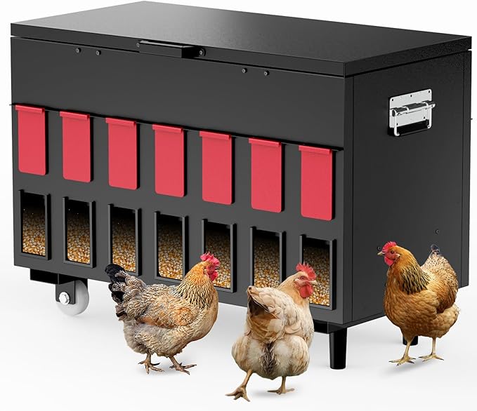 Automatic Chicken Feeder, 130lbs Capacity, 14 Ports Portable Poultry Feeder, Waterproof Metal Chicken Feeder, Suitable for Geese, Ducks, Turkeys, Quails