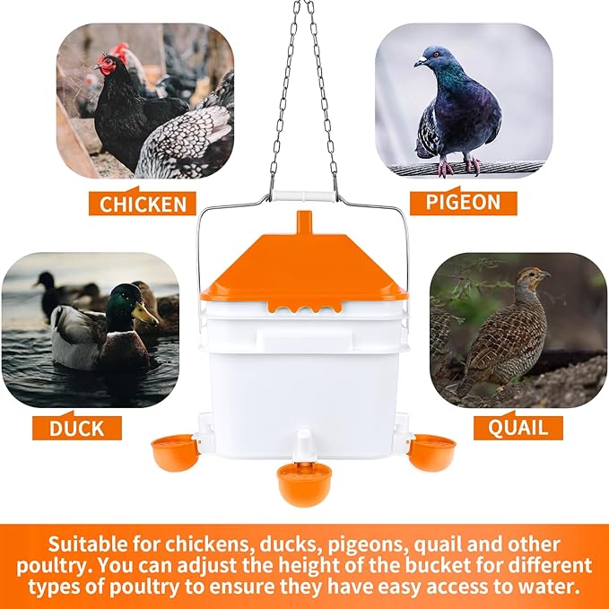 Chicken Waterer with 4 Water Cups,2 Gallons Watering Bucket with Automatic Chicken Waterers, Hanging Chicken Waterer Suitable for Chicken, Ducks, Pigeons and Quails(Orange)