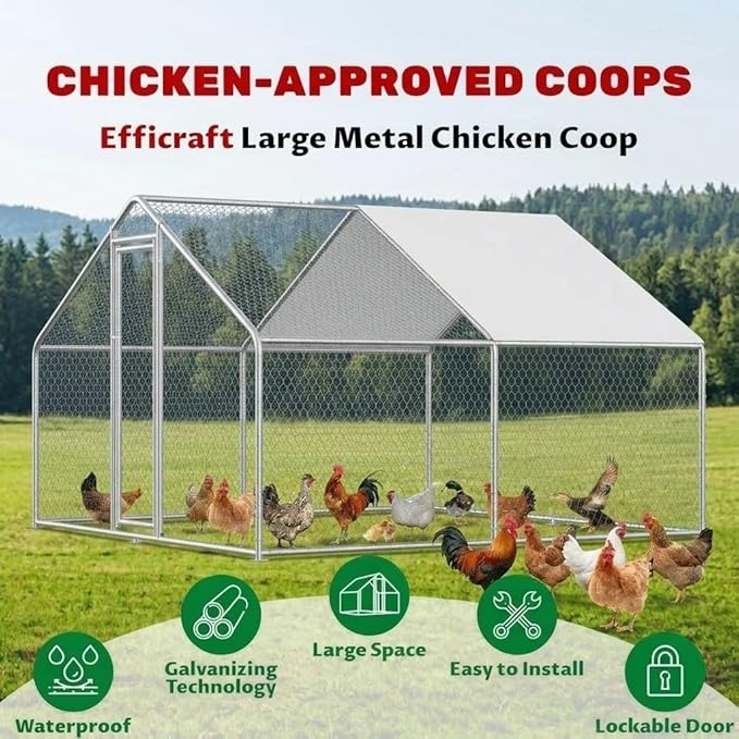 Chicken Coop Large Metal Chicken Run Pen for 10 Chickens Poultry Cage with Waterproof Cover for Walk-in Chicken Run for Yard Outdoor