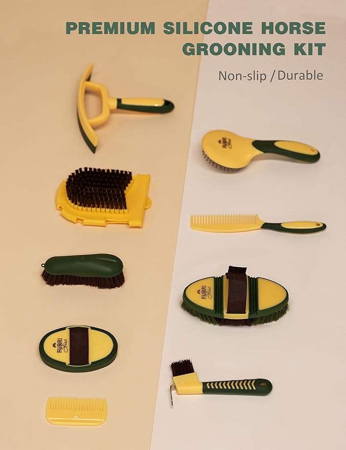 11-Piece Professional Horse Grooming Kit with Waterproof Tote Bag, Non-Slip Silicone Grip Brush Set, Curry Comb, Hoof Pick & Mane Comb Pasture Glow
