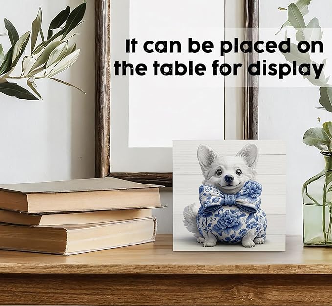 Chinoiserie Corgi Wooden Signs, Grand Millenial Bow Blue Floral Home Decor, Blue and White Porcelain Desk Decorations, Farm Animal Office Kitchen Bathroom Decor