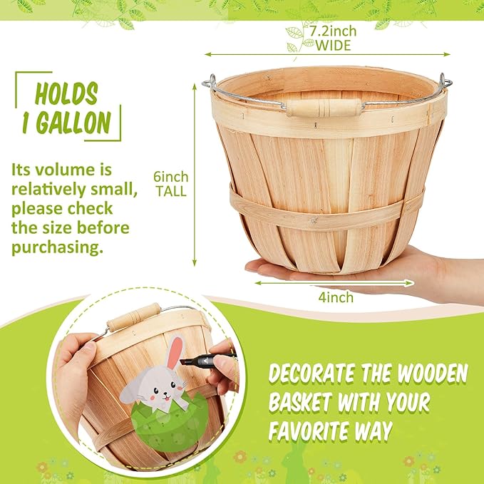 Tatuo 4 Pcs Round Wooden Apple Baskets Wood Fruit Buckets with Handle Fall Harvest Basket Portable Bushel for Market Vegetables Garden Home Party Supplies Easter Gifts (Wood)