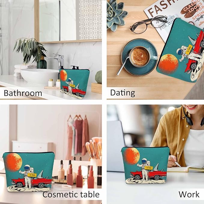 Women Makeup Organizer Bag Astronaut Cosmos Galaxy Space Astronaut Spaceship Flax Cosmetic Bag Makeup Bags Toiletry Bag Accessories Organizer Travel Bags For Home Bathroom Office Hotel Gym
