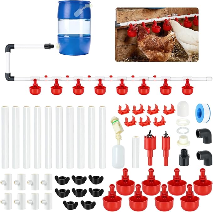 51 Pcs Automatic Chicken Waterer System Set, Chicken Watering System Kit with 8 Chicken Water Cups, Float Valve, Water System for Chickens Ducks Quail Poultry