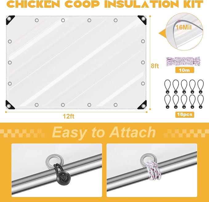 8x12ft 16Mil Chicken Coop Covers for Winter,Thicken Clear Winterizing Insulation Vinyl Tarp for Chicken Run,Waterproof Anti-Tear with Elastic Cords & Rope for Porch Patio Poultry Enclosure
