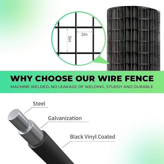 (36 in x 99 ft) Garden PVC Welded Wire Fence, Mesh Size 2 in x 3 in, 16-Gauge Welded Wire Fence, Poultry Protection Animal Fence, Includes Gloves and Pliers