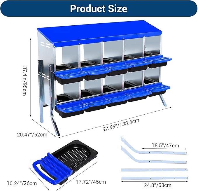 Chicken Nesting Box, 10 Hole 2 Layer Hen Nest Boxes with Legs, Roll-Away Egg Collection System with Ventilation Holes，Rustproof Plastic Tray & Keyhole Mounting, Chicken Laying Box