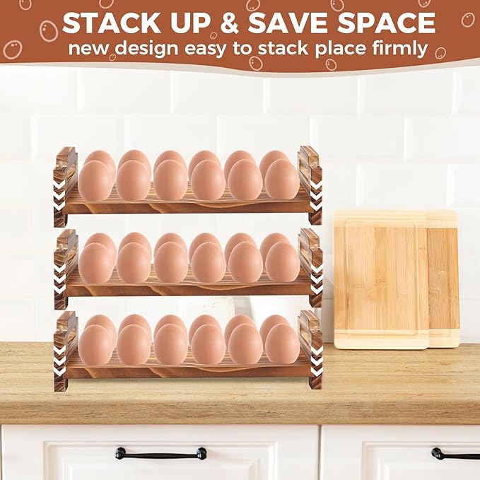 Wooden Egg Holder Countertop, 3 Layer Stackable Fresh Egg Display Storage Rack Organizer Farmhouse Egg Storage Basket with Handles Fits Duck, Turkey, Chicken Eggs
