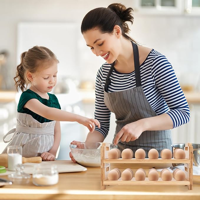 Bamboo Egg Holder Countertop - 2-Tier 18-Egg Stackable Organizer with Screwdriver, Farmhouse Kitchen Storage for Chicken/Duck Eggs