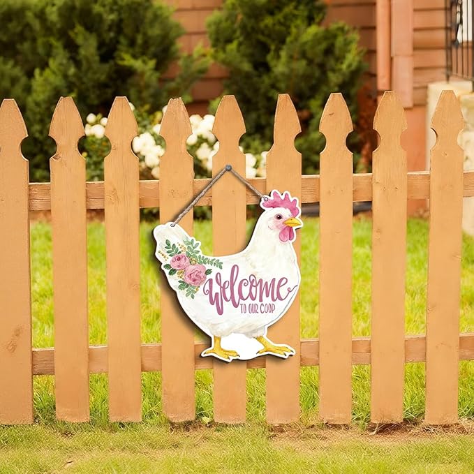 Farmhouse Chicken Coop Decor, Floral Hen Welcome Sign, Watercolor Painting Style Wood Hanging Plaque, Rustic Farmhouse Wall Art for Kitchen Dining Room Porch or Coop Door, 11.2x9.8 Inches