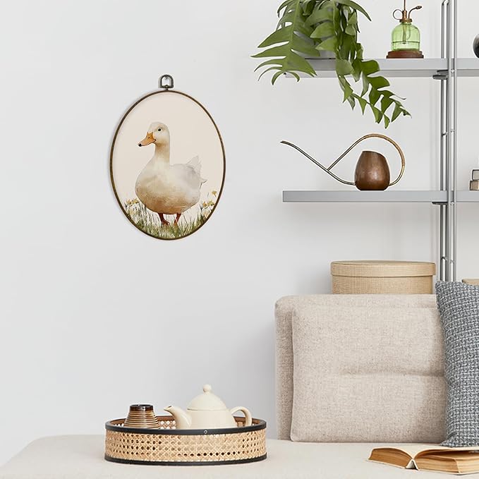 dvhdajed Vintage Farmhouse Duck Oval Wall Art Decor,Cottagecore Mallard Duck Wildflower Framed Canvas Art,Retro Country Ducks Oval Wall Hanging Decor for Nursery Living Room Bedroom，8.7x11.3 Inch