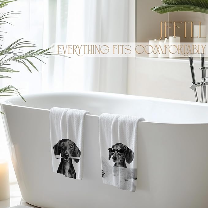 Funny Dachshund Bathroom Hand Towels, Weiner Dog Gifts for Women, Black and White Cute Dachshund Hand Towels for Bathroom Washroom Restroom Decor, 16x24 Inch, Set of 2