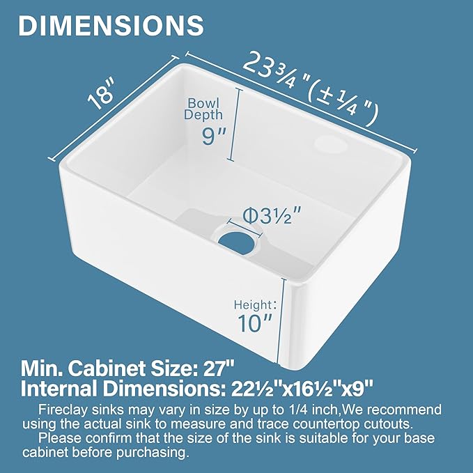 Small Farmhouse Sink 24 x 18 Inch, Firecaly Apron Front Farm Sink, Heavy Duty Single Bowl, with Accessories 2 Types, Undermount, Pure White, for Kitchen, Laundry, Small Space