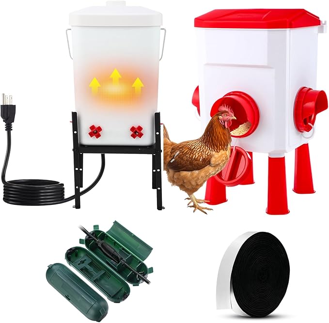 4 Pcs 1.8 Gallon 2 in 1 Heated Chicken Waterer with Heated Stainless Steel Table 18 Pounds Automatic Chicken Feeder Waterproof Outlet Box Pipe Insulation Tape Wrap for Winter Chick Coop