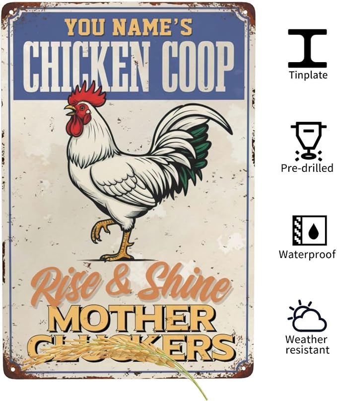 Personalized Chicken Coop Sign Custom Name Rise And Shine White Rooster Metal Tin Wall Art Rustic Farmhouse Decor Backyard Barn Garden Gift For Poultry Lovers