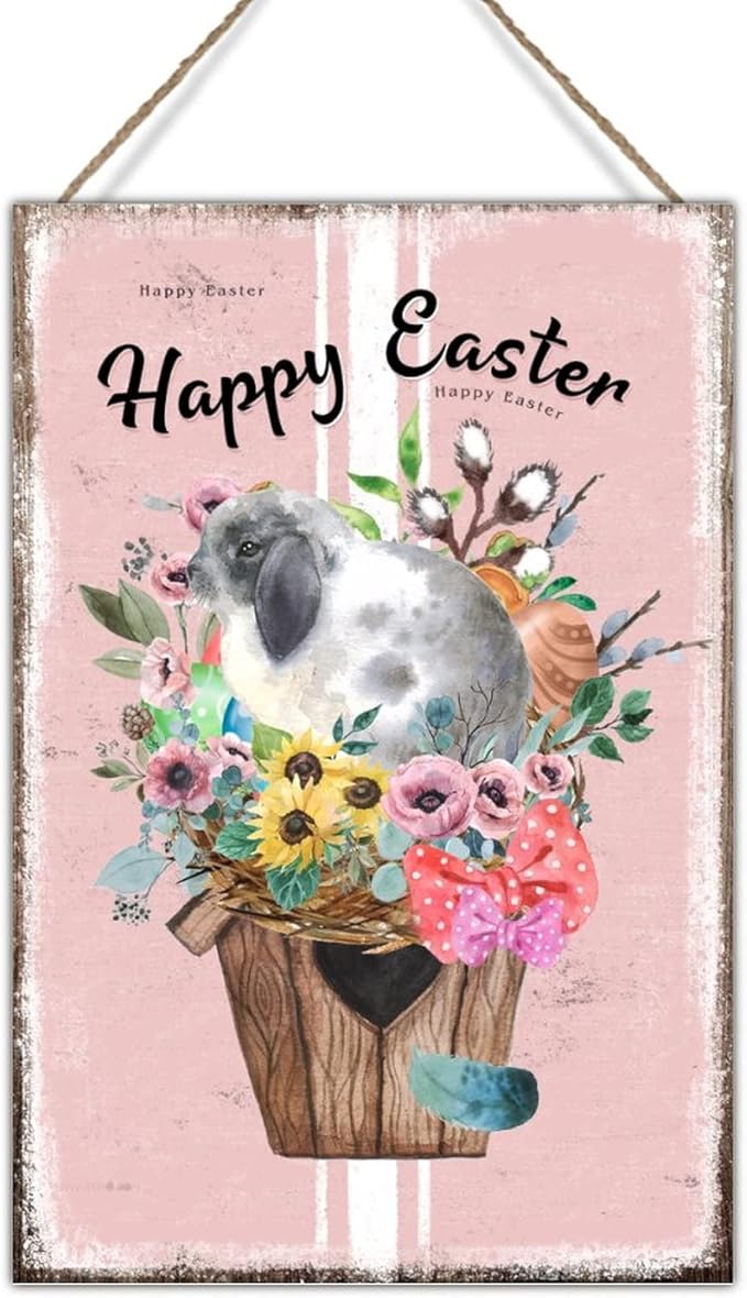 Happy Easter Flower Basket Bunny Wood Art Plaques French Style Floral Pink Stripes Wall Decor Wood Sign Happy Easter Welcome Spring Wood Wall Art Sign for Kitchen 8x12in