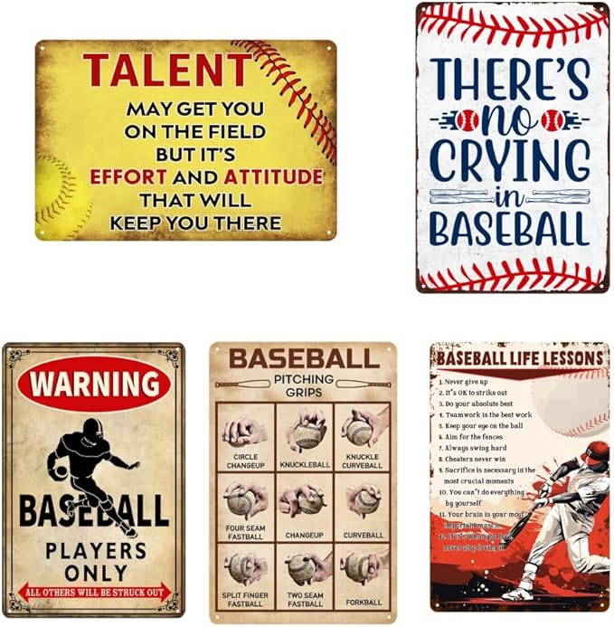 5 Pack Baseball Decor For Boys Room Vintage Baseball Tin Sign Baseball Stuff Accessories Wall Art Decor Posters Baseball Themed Party Decoration Motivational Quote Gifts Cool Boy Bedroom Decor 8x12 In