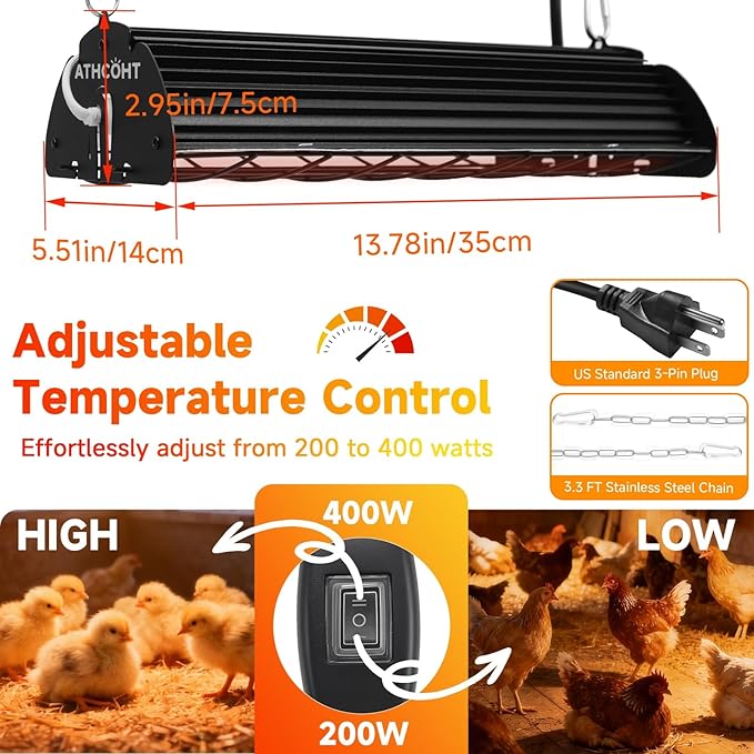 400W Heat Lamp for 60 Chickens Upgraded 12000H Large Chicken Coop Brooder Heater Carbon Fiber Bulb Waterproof Adjustable 2 Mode Temp Safe Design for Chicks Poultry Pets (Large)