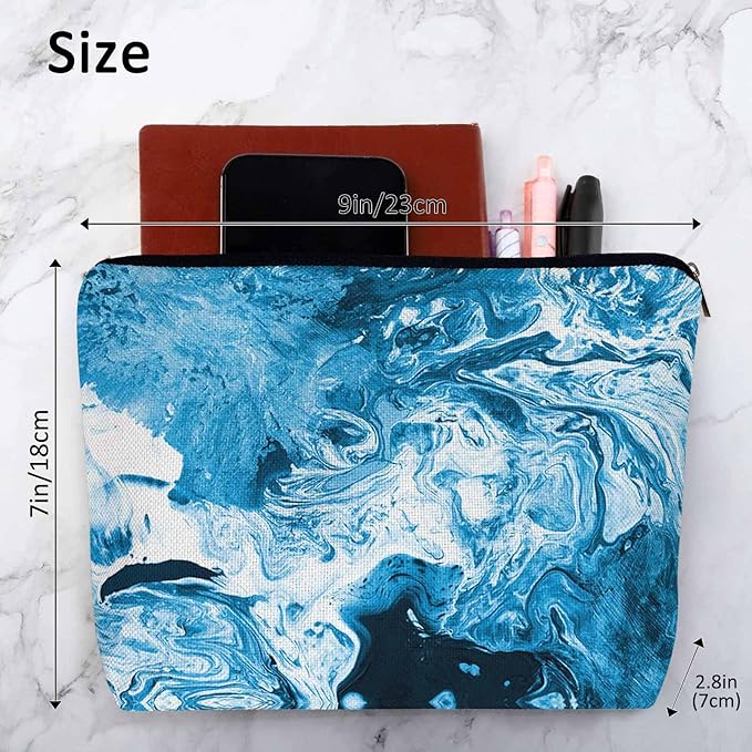 Marble Pattern Makeup Organizer Bag Cosmetic Bag For Men Women, Abstract Ocean Sea Water Marble Blue Travel Toiletry Bag Flax Makeup Bags Purse Business Makeup Pouch For Toiletries Cosmetics