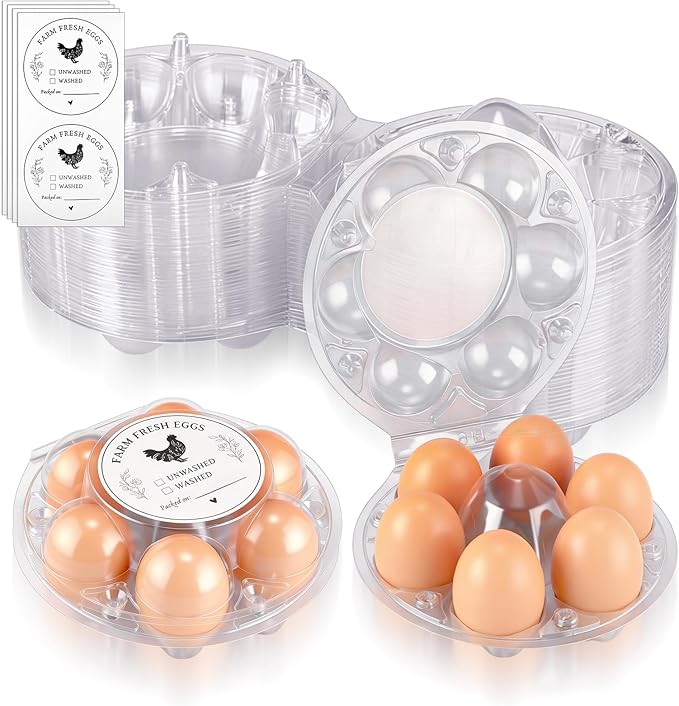 Zhehao 40 Pack Round 6 Count Plastic Egg Cartons Bulk with Date Stickers Half Dozen Egg Cartons Clear Reusable Holders for Fresh Eggs Storage for Farms Family, Markets Display