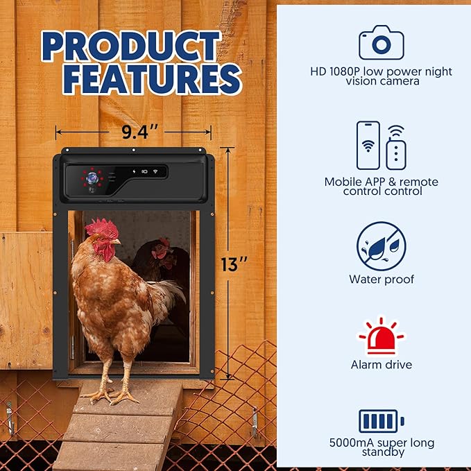 Automatic Chicken Coop Door with WiFi HD1080P Camera,Auto Solar Chicken Coop Door Opener with Timer,APP Remote Control,5000mA Battery,Night Vision,Alarm Drive for Poultry Safety（Grey）