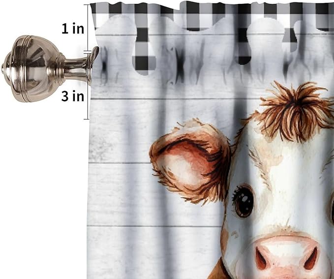Farmhouse Animal Valance Curtains Watercolor Cute Cow Wooden Board Black White Buffalo Check Art Print Rod Pocket Curtain Valance for Kitchen Bedroom Living Room Decor 1 Panel W54xL18 Inch