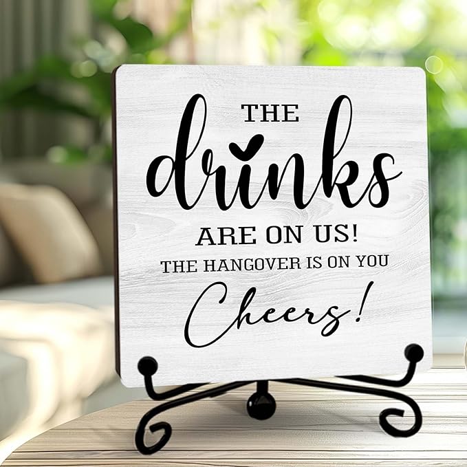 Funny Bar Sign, Wedding Gifts for New Couple Colleagues Friends Family, 5 Inch Rustic Wooden Plaques for Bar Table Decor, The Drinks Are On Us Sign - A16