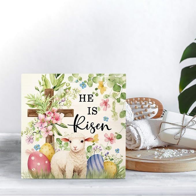 He Is Risen Easter Christian Lamb Wooden Box Sign Desk Decor, Spring Floral Cross Easter Sheep Egg Wood Signs for Bedroom Home Office Desk Table Shelf Decorations, 5x5 Inch