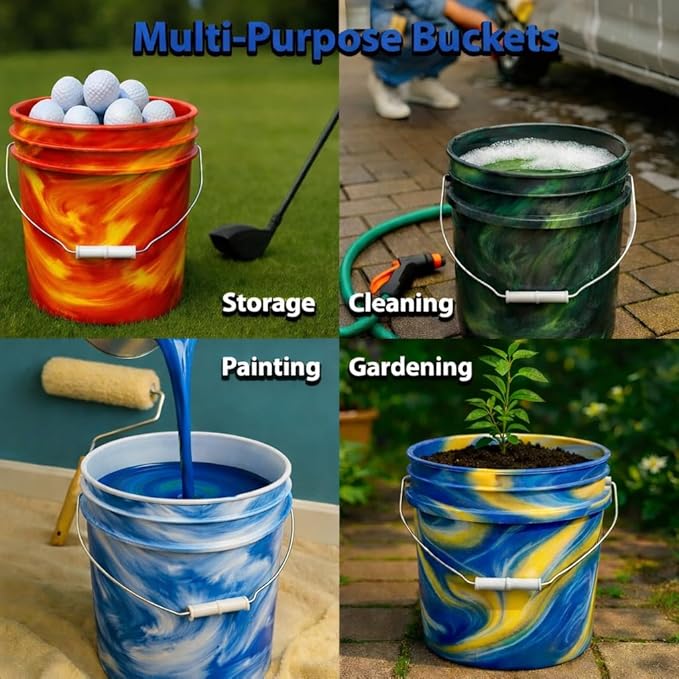5-Gallon Bucket with Airtight Lid – Made in USA, Food Grade BPA Free Plastic, Heavy Duty Multi-Use, Metal Handle with Grip, Stackable Storage – Mystery Swirl, 6 Pack