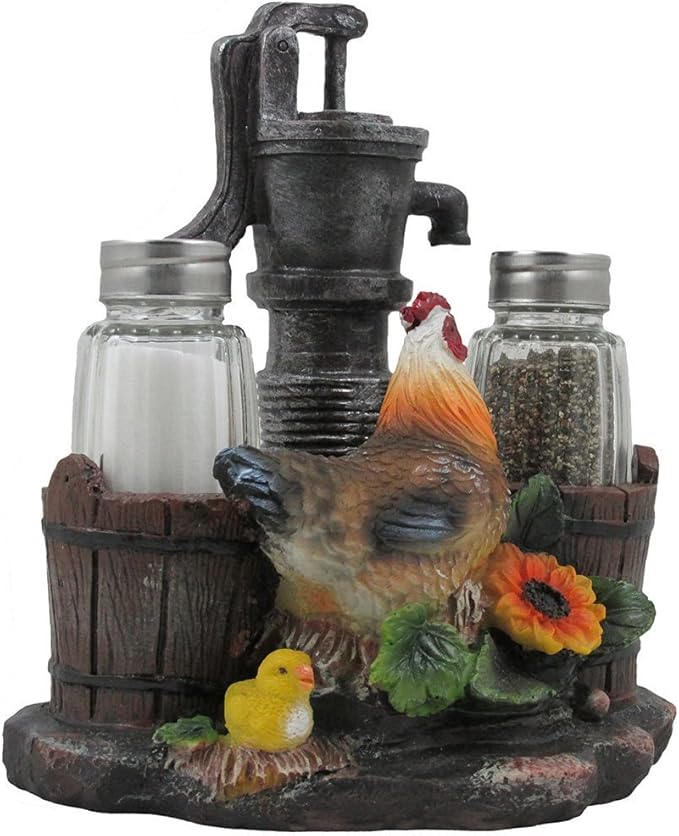 Farm Chicken and Old Fashioned Water Pump Glass Salt and Pepper Shaker Set with Holder Figurine in Country Kitchen Rooster Decor, Sculptures and Statues and Rustic Gifts for Farmers
