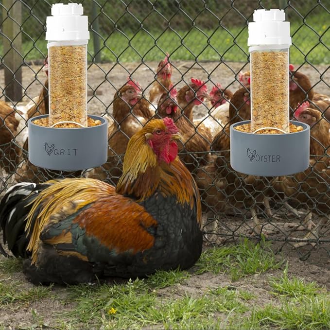 2 Pack Transparent PVC Chicken Feeder, Oyster Shell and Grit Feeder Hanging Ground Chicken Coop Feeder with Hanging Hook for Hens & Chicks (Grey)