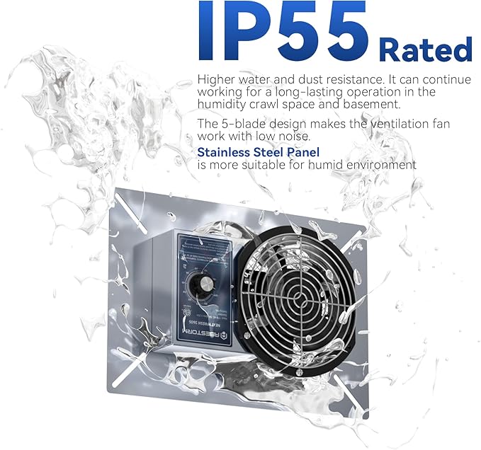Abestorm 260CFM Crawl Space Ventilation Fan, IP-55 Rated Commercial Stainless Steel Vent Fan with Humidistat & Thermostat, 6.7 Inch Ventilator with Isolation Mesh for Crawlspace, Basement, Garage