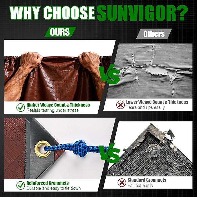 Sunvigor Tarp Waterproof 20x30Ft, Extra Thick 12 Mil Heavy Duty Tarp Cover, Tear & Fade Resistant, Outdoor Tarps with Brass Grommets and Reinforced Edges for Roof, Camping, Patio, Boat (Brown)