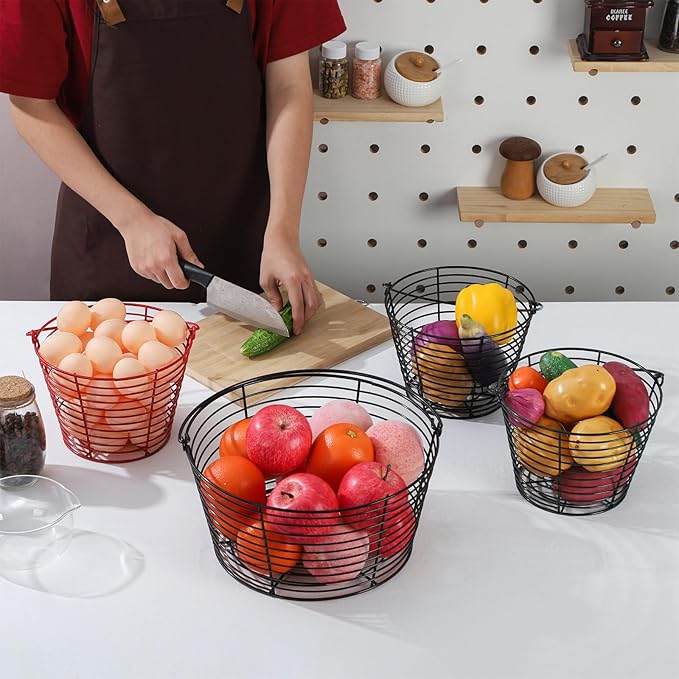 Colorful Metal Mesh Wire Egg Collecting Basket with Handle Portable Garden Vegetable Fruit Storage Lightweight Hanging Collector for Farmhouse Gathering Kitchen Picnic (Red, Normal - 8")