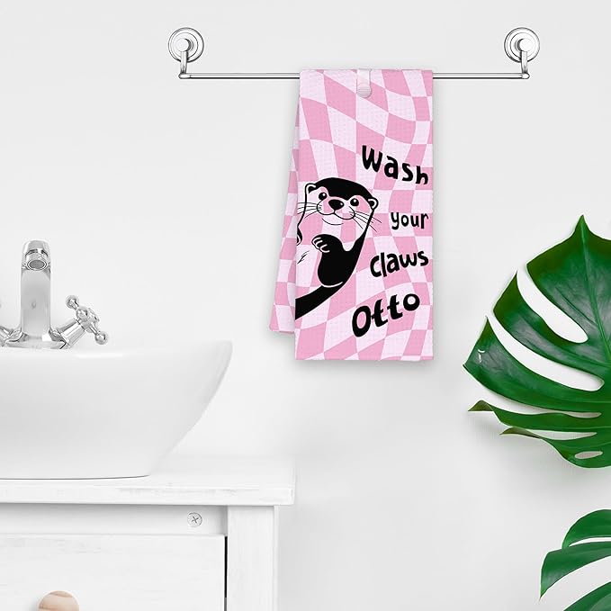 Cute Otter Pink Bathroom Kitchen Towels, Wash Your Claws Hand Towel for Girly Teens Room, Funny Gifts for Otter Lovers, Trendy Preppy Checkered Dish Towels Decor for Dorm Home 16x24in