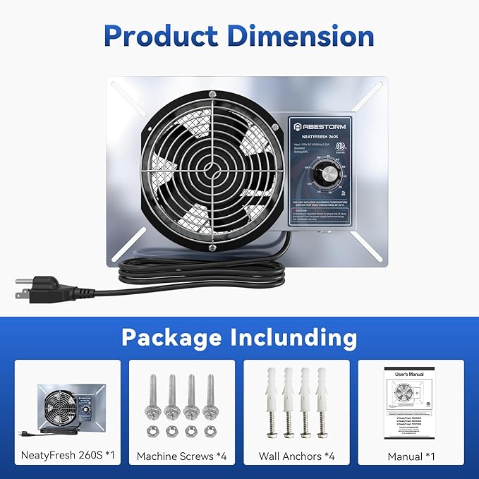 Abestorm 260CFM Crawl Space Ventilation Fan, IP-55 Rated Commercial Stainless Steel Vent Fan with Humidistat & Thermostat, 6.7 Inch Ventilator with Isolation Mesh for Crawlspace, Basement, Garage