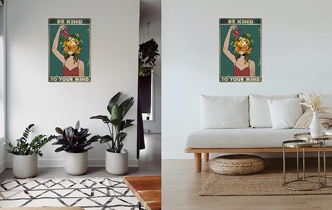 Be Kind to Your Mind Vintage Tin Signs, Hippie Boho Wall Art, Floral Woman Gift for Plant Lovers Funny Retro Wall Art Sign, 8x12 Inch