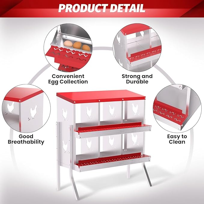 Metal Chicken Nesting Boxes, Heavy-Duty Galvanized Steel Egg Laying Box with 6 Compartments, Rustproof, Easy to Install & Clean, Wall-Mountable Design for Poultry Coops- Red with Stand