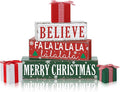 Geelin 4 Pieces Merry Christmas Wooden Table Decorations Xmas Wood Gift Boxes Decor Rustic Christmas Tiered Tray Decor Xmas Believe Tabletop Centerpieces for Home Desk Room Kitchen Shelf