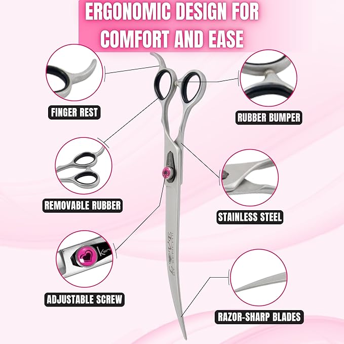 Kenchii Love Dog Grooming Scissors, 9 Inch Curved Shears, Dog Scissors for Grooming, Professional Pet Grooming Scissors, Ergonomic & Comfortable