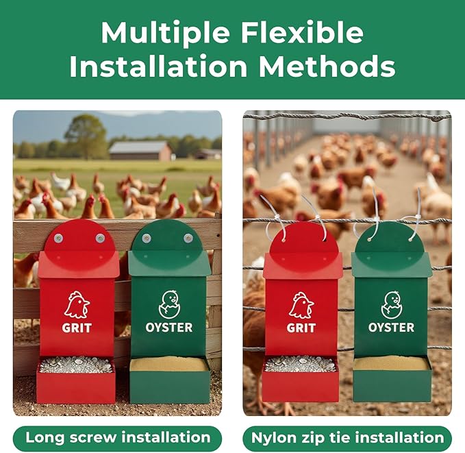 Rustproof Chicken Grit and Oyster Shell Feeder 2 Pack, Heavy Duty Metal Poultry Feeders for Coop or Fence, Rainproof Dual Compartment Wall Mounted Feeder for Outdoor Chicken Coops