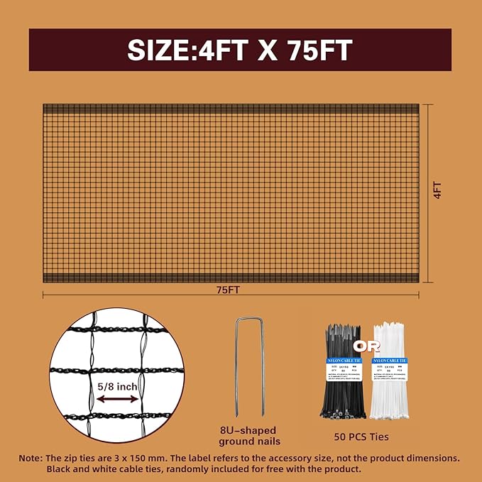 Plastic Mesh Fence Deer Fencing 4x75ft,Reinforced Edges,55gsm Heavy Duty Temporary Fence,Ideal for Garden Netting,Animal Barrier,Safety Netting, Fruit Plant Protection, Black