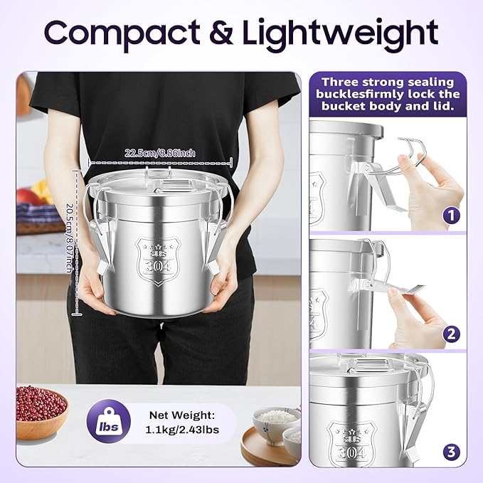 6L/1.59Gal Stainless Steel Airtight Canister Food Storage Canisters with Airtight Lid&Locking Clamp Rice Cereal Grain Canisters Container Bucket for Rice Milk Jug Coffee Bean Cookies Storage