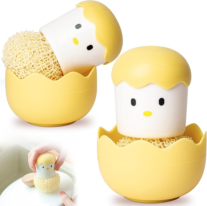 2Pcs Eggshell Chicken Shaped Cleaning Brush with Handle Detachable Fiber Cleaning Ball for Cleaning Kitchen