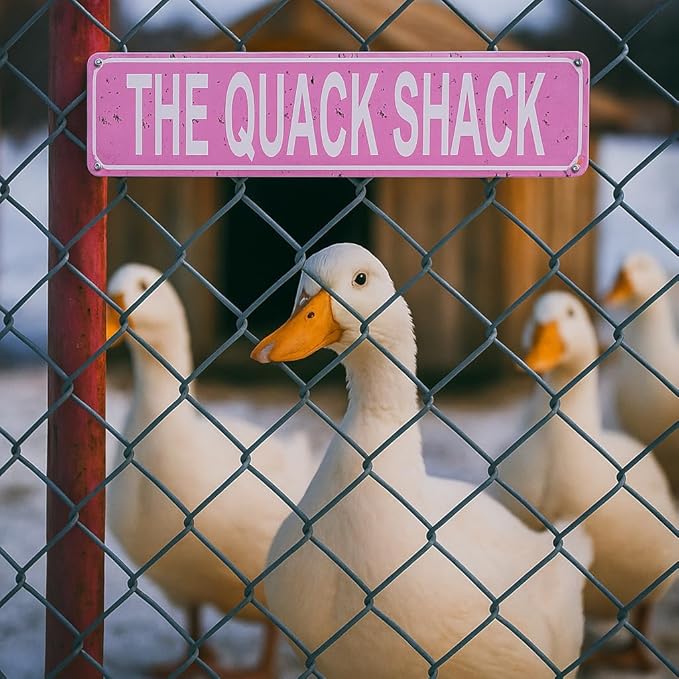 Quack Shack Retro Metal Tin Sign - Duck Waterfowl Chicken Coop Decor, Rustic Street Sign, Door Name Plate Plaque for Farmhouse Pub, Bar, Home Wall Art 16x4 Inch (pink)
