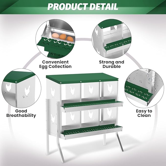 Metal Chicken Nesting Boxes, Heavy-Duty Galvanized Steel Egg Laying Box with 6 Compartments, Rustproof, Easy to Install & Clean, Wall-Mountable Design for Poultry Coops- Green with Stand
