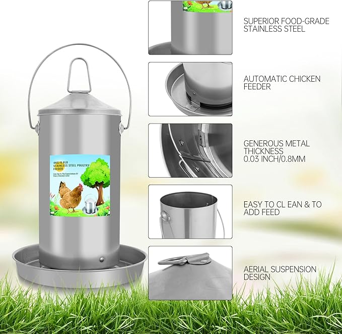 Automatic Chicken Feeder 4KG/8.8lbs, Heavy Duty Stainless Steel Reliable Long-Lasting Poultry Feeder with Handle, High Strength Structure 0.035 Inch/0.9mm Metal Thickness